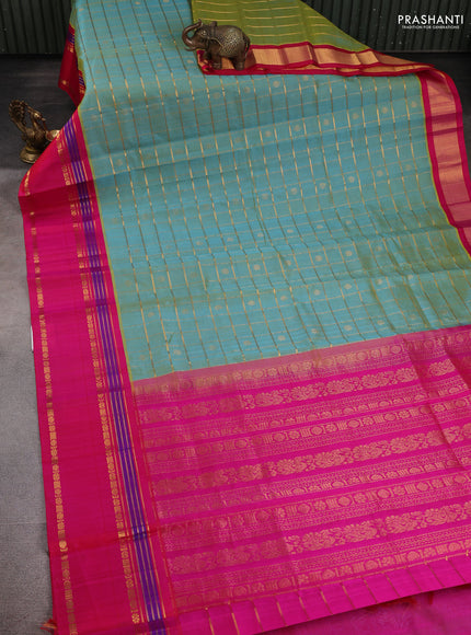 Kuppadam silk cotton saree teal shade and pink with allover zari checks & buttas and rettapet zari woven border