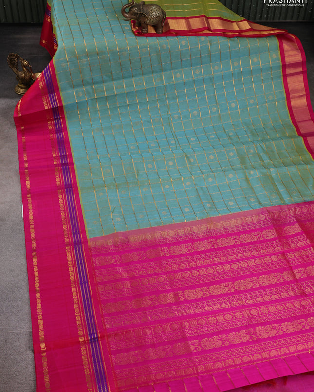 Kuppadam silk cotton saree teal shade and pink with allover zari checks & buttas and rettapet zari woven border
