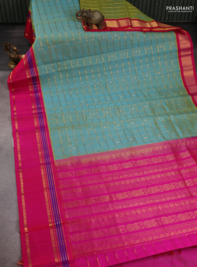 Kuppadam silk cotton saree teal shade and pink with allover zari checks & buttas and rettapet zari woven border