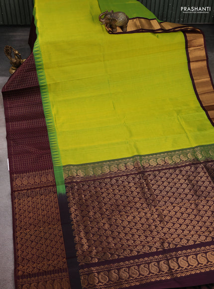 Kuppadam silk cotton saree light green and deep maroon with plain body and temple design zari checked border