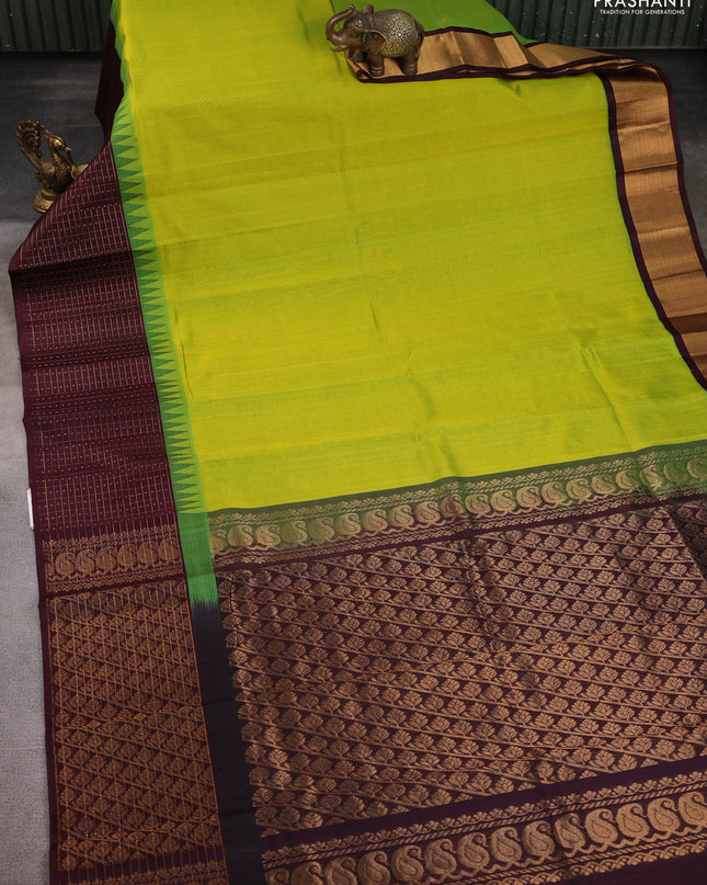 Kuppadam silk cotton saree light green and deep maroon with plain body and temple design zari checked border