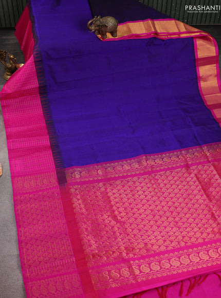 Kuppadam silk cotton saree navy blue and pink with plain body and temple design zari checked border