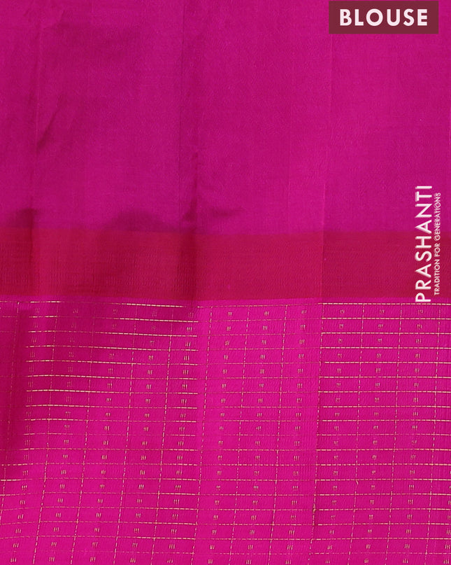 Kuppadam silk cotton saree navy blue and pink with plain body and temple design zari checked border