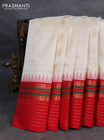 Kuppadam silk cotton saree cream and red with allover zari checks & buttas and zari woven border