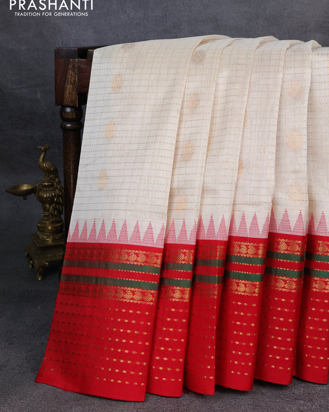 Kuppadam silk cotton saree cream and red with allover zari checks & buttas and zari woven border