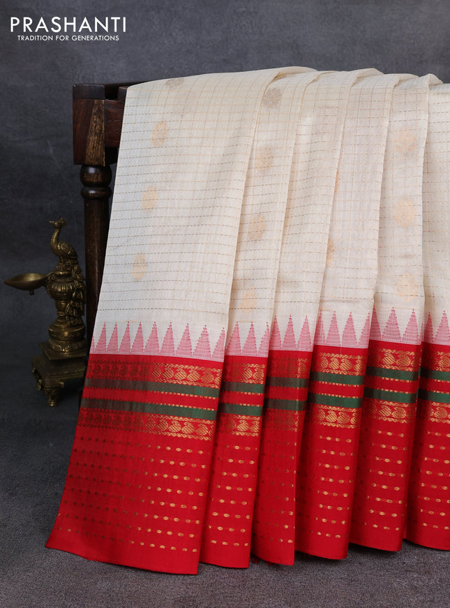 Kuppadam silk cotton saree cream and red with allover zari checks & buttas and zari woven border