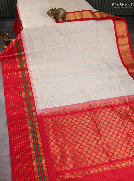 Kuppadam silk cotton saree cream and red with allover zari checks & buttas and zari woven border