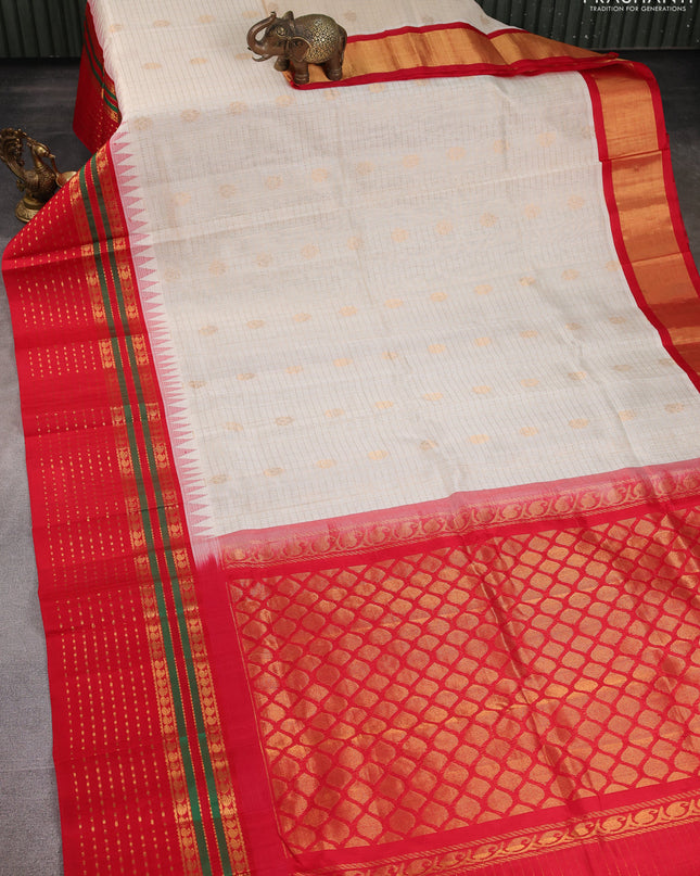 Kuppadam silk cotton saree cream and red with allover zari checks & buttas and zari woven border