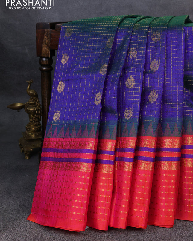Kuppadam silk cotton saree dual shade of bluish green and pinkish orange with allover zari checks & buttas and zari woven border