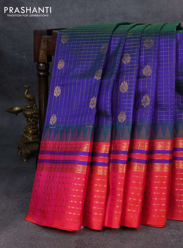 Kuppadam silk cotton saree dual shade of bluish green and pinkish orange with allover zari checks & buttas and zari woven border