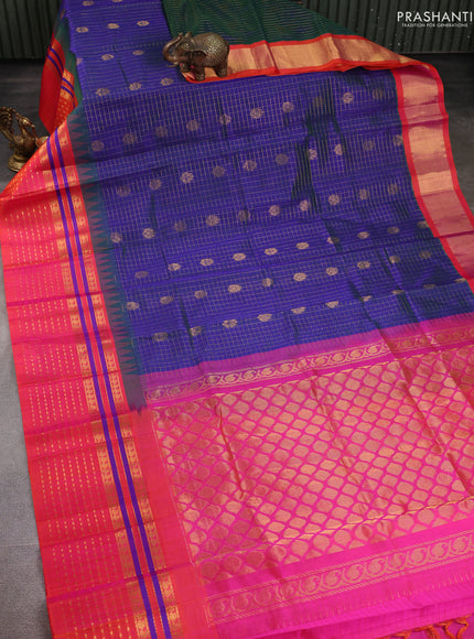 Kuppadam silk cotton saree dual shade of bluish green and pinkish orange with allover zari checks & buttas and zari woven border