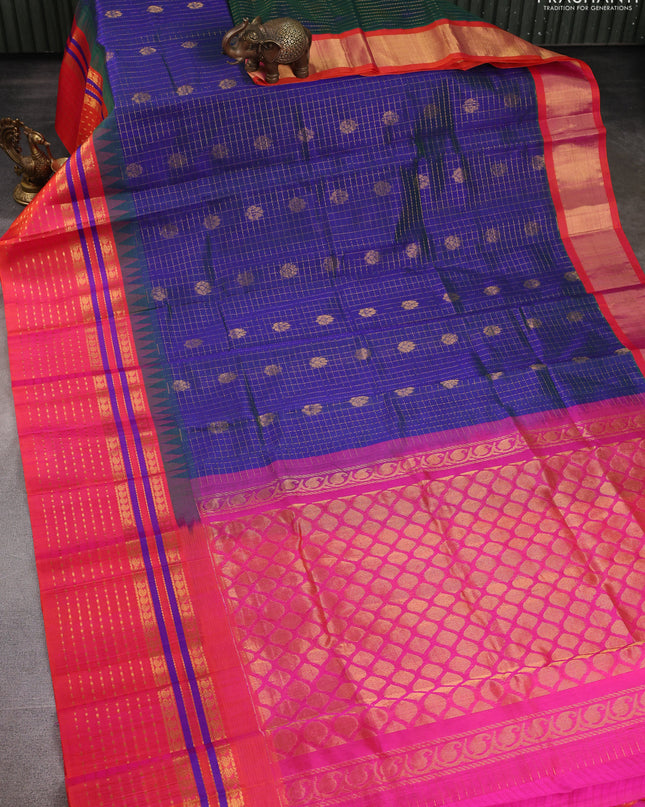 Kuppadam silk cotton saree dual shade of bluish green and pinkish orange with allover zari checks & buttas and zari woven border
