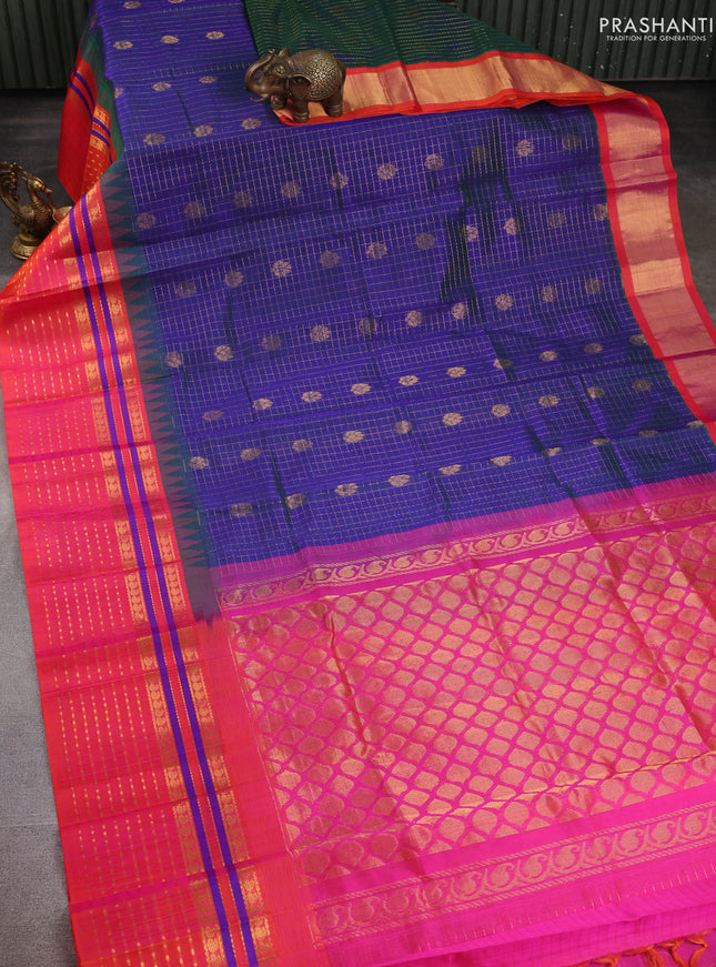 Kuppadam silk cotton saree dual shade of bluish green and pinkish orange with allover zari checks & buttas and zari woven border