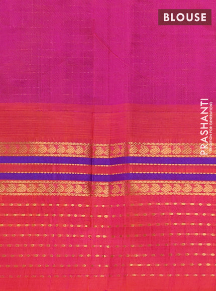 Kuppadam silk cotton saree dual shade of bluish green and pinkish orange with allover zari checks & buttas and zari woven border