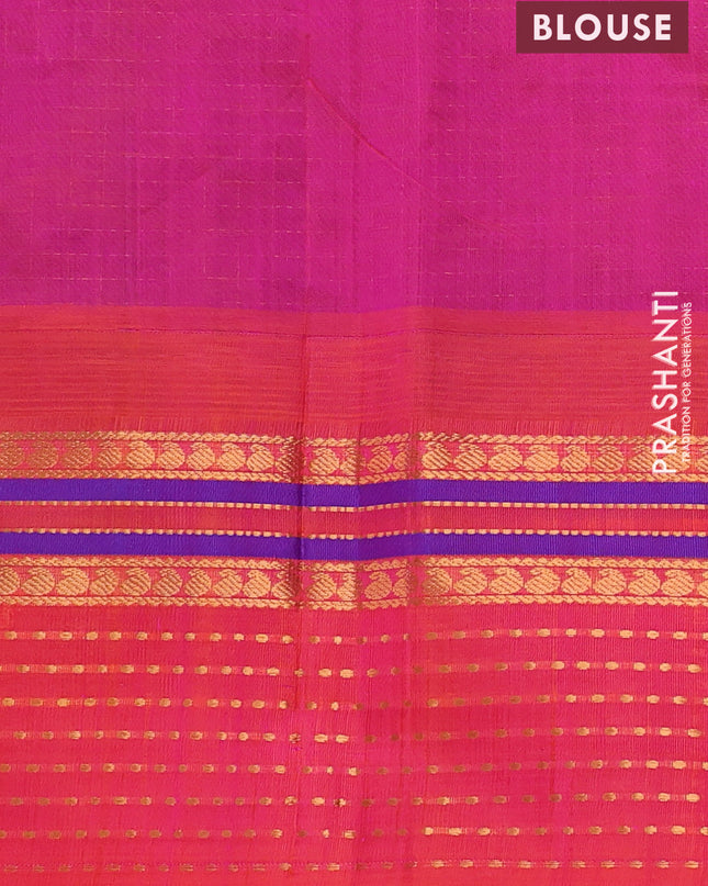 Kuppadam silk cotton saree dual shade of bluish green and pinkish orange with allover zari checks & buttas and zari woven border
