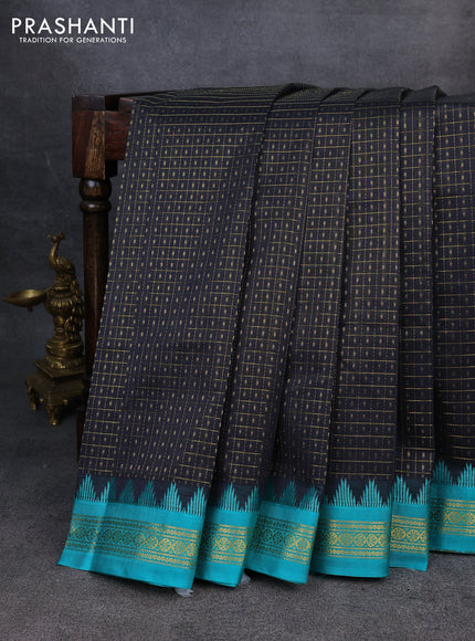 Kuppadam silk cotton saree black and teal blue with allover zari checks & lakshadeepam weaves and zari woven border