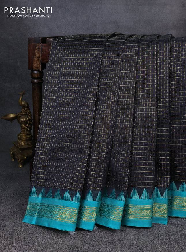 Kuppadam silk cotton saree black and teal blue with allover zari checks & lakshadeepam weaves and zari woven border