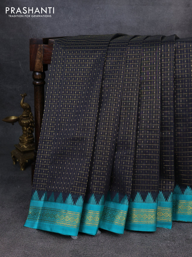 Kuppadam silk cotton saree black and teal blue with allover zari checks & lakshadeepam weaves and zari woven border