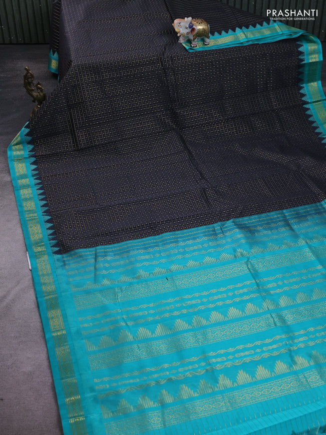 Kuppadam silk cotton saree black and teal blue with allover zari checks & lakshadeepam weaves and zari woven border