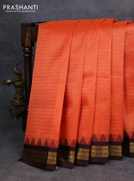 Kuppadam silk cotton saree orange and maroon with allover zari checks & lakshadeepam weaves and zari woven border