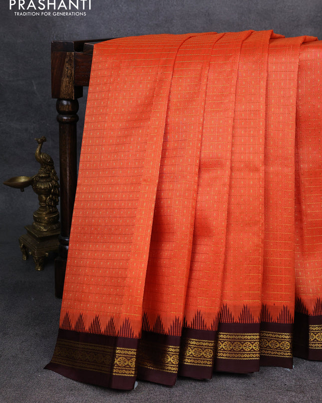 Kuppadam silk cotton saree orange and maroon with allover zari checks & lakshadeepam weaves and zari woven border