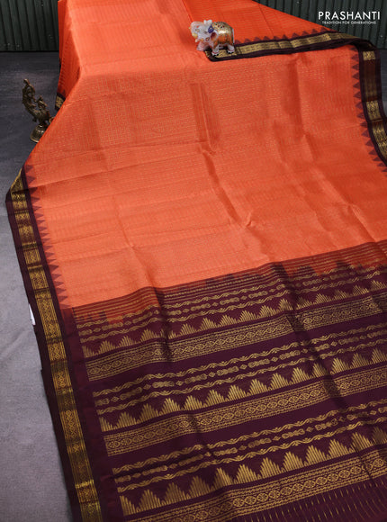 Kuppadam silk cotton saree orange and maroon with allover zari checks & lakshadeepam weaves and zari woven border