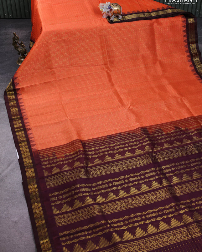 Kuppadam silk cotton saree orange and maroon with allover zari checks & lakshadeepam weaves and zari woven border