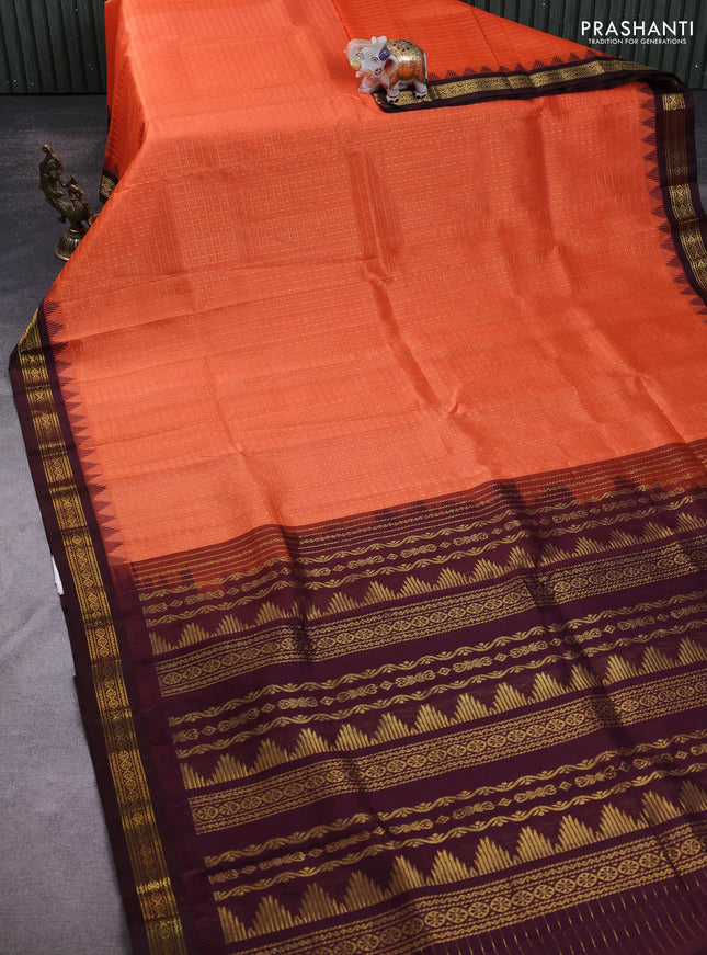 Kuppadam silk cotton saree orange and maroon with allover zari checks & lakshadeepam weaves and zari woven border
