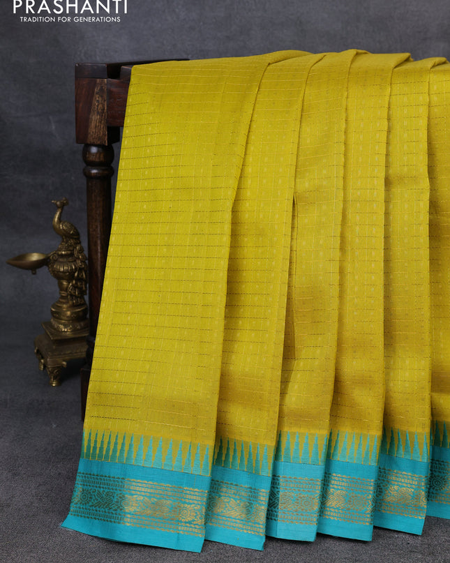 Kuppadam silk cotton saree lime yellow and teal blue with allover zari checks & lakshadeepam weaves and zari woven border