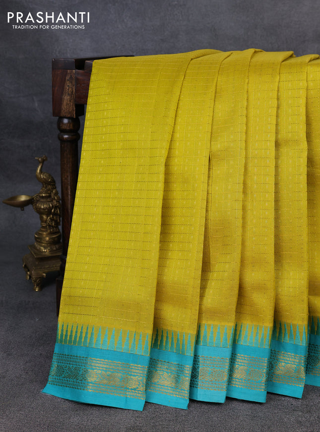 Kuppadam silk cotton saree lime yellow and teal blue with allover zari checks & lakshadeepam weaves and zari woven border
