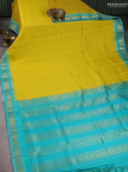 Kuppadam silk cotton saree lime yellow and teal blue with allover zari checks & lakshadeepam weaves and zari woven border