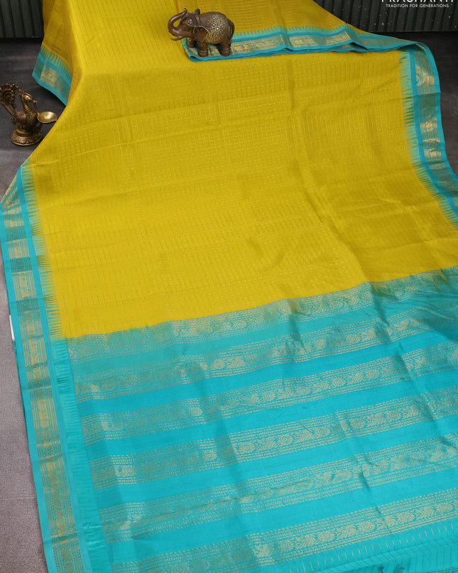 Kuppadam silk cotton saree lime yellow and teal blue with allover zari checks & lakshadeepam weaves and zari woven border