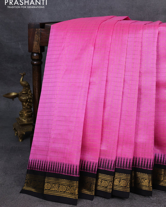 Kuppadam silk cotton saree candy pink and black with allover zari checks & lakshadeepam weaves and zari woven border