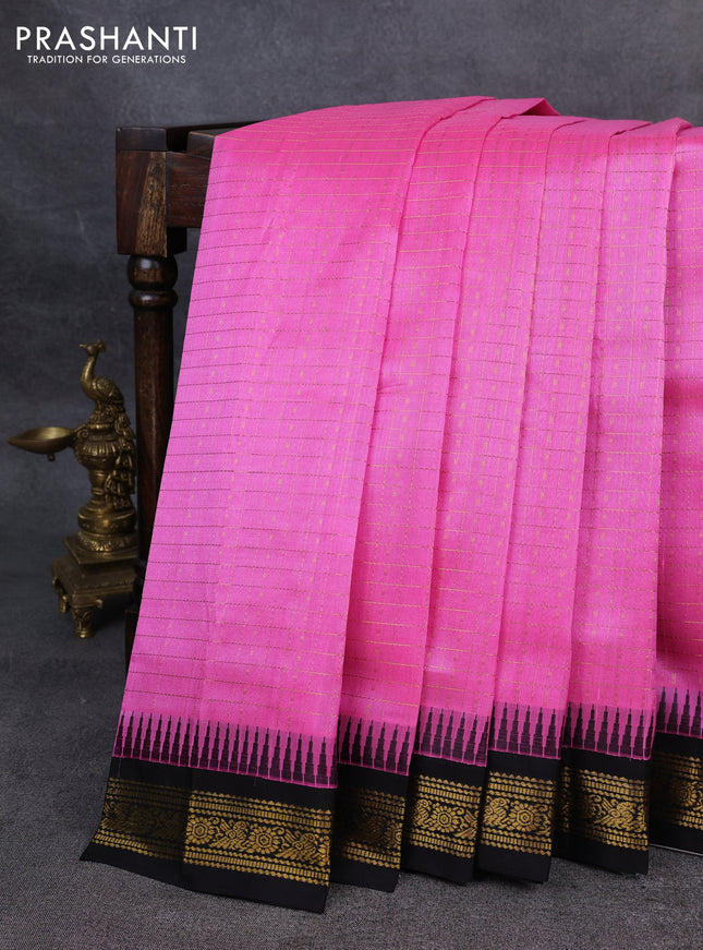 Kuppadam silk cotton saree candy pink and black with allover zari checks & lakshadeepam weaves and zari woven border