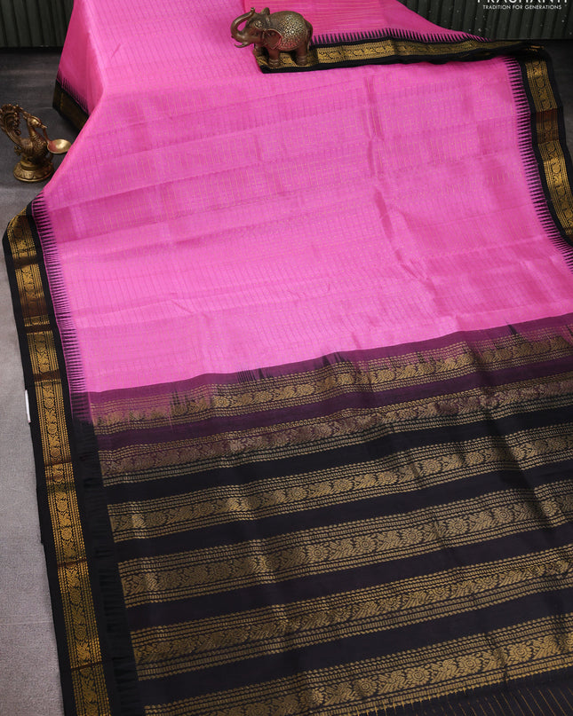 Kuppadam silk cotton saree candy pink and black with allover zari checks & lakshadeepam weaves and zari woven border