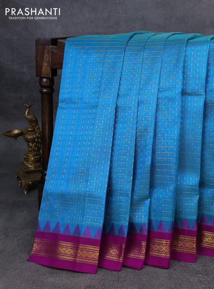 Kuppadam silk cotton saree cs blue and purple with allover zari checks & lakshadeepam weaves and zari woven border
