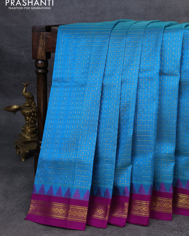 Kuppadam silk cotton saree cs blue and purple with allover zari checks & lakshadeepam weaves and zari woven border