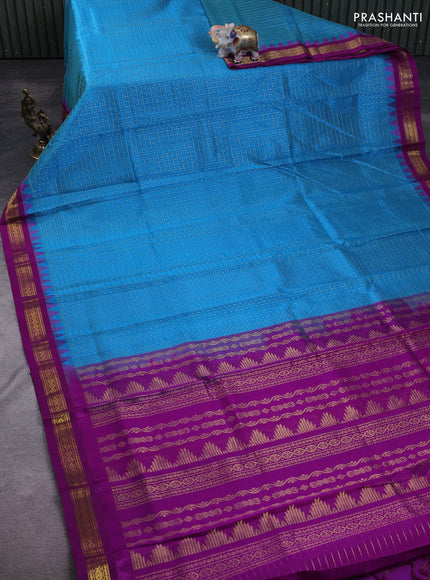 Kuppadam silk cotton saree cs blue and purple with allover zari checks & lakshadeepam weaves and zari woven border