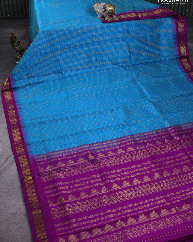 Kuppadam silk cotton saree cs blue and purple with allover zari checks & lakshadeepam weaves and zari woven border