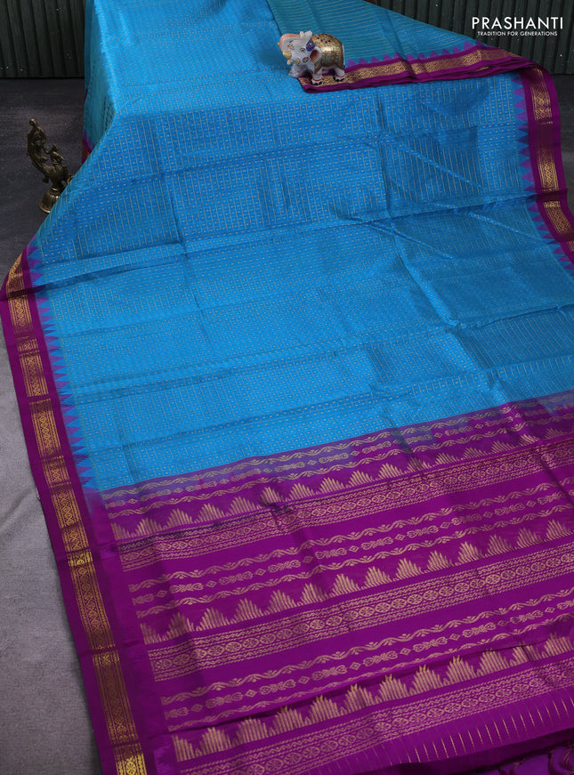 Kuppadam silk cotton saree cs blue and purple with allover zari checks & lakshadeepam weaves and zari woven border