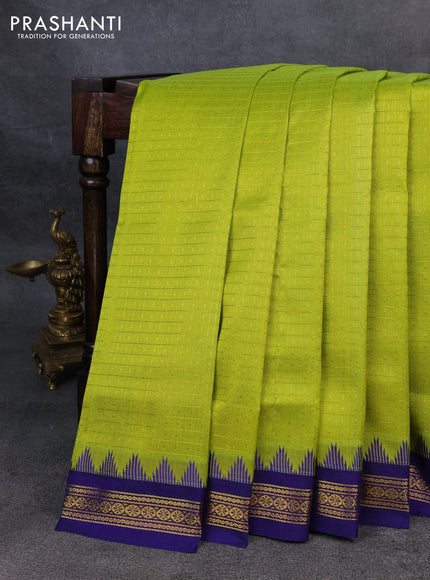 Kuppadam silk cotton saree light green and blue with allover zari checks & lakshadeepam weaves and zari woven border