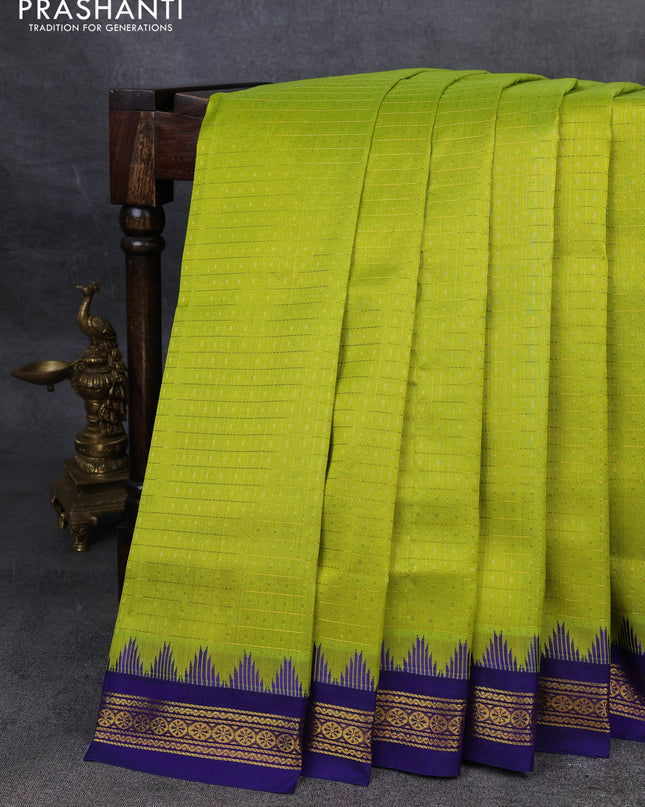 Kuppadam silk cotton saree light green and blue with allover zari checks & lakshadeepam weaves and zari woven border