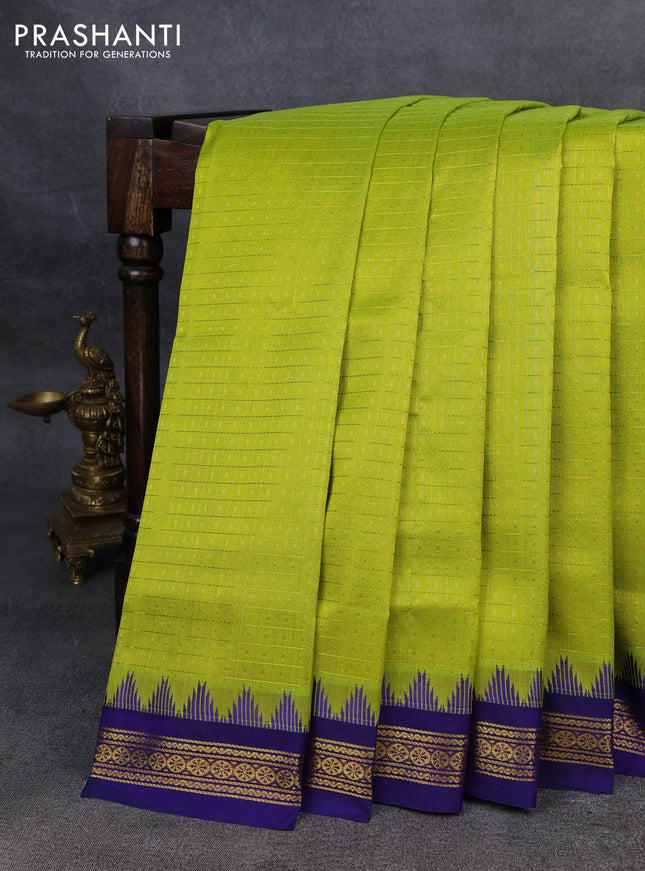 Kuppadam silk cotton saree light green and blue with allover zari checks & lakshadeepam weaves and zari woven border