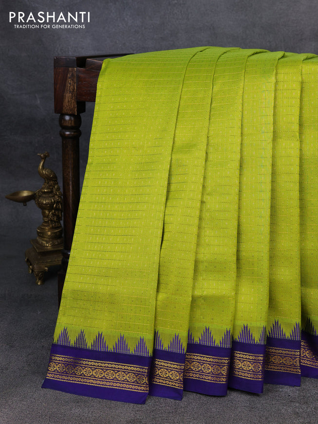 Kuppadam silk cotton saree light green and blue with allover zari checks & lakshadeepam weaves and zari woven border