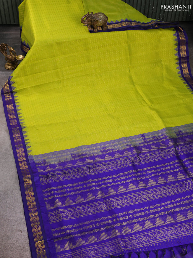 Kuppadam silk cotton saree light green and blue with allover zari checks & lakshadeepam weaves and zari woven border