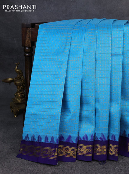 Kuppadam silk cotton saree cs blue and blue with allover zari checks & lakshadeepam weaves and zari woven border
