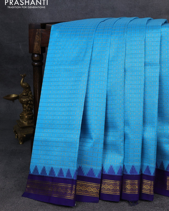 Kuppadam silk cotton saree cs blue and blue with allover zari checks & lakshadeepam weaves and zari woven border