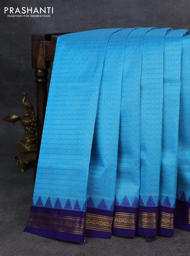 Kuppadam silk cotton saree cs blue and blue with allover zari checks & lakshadeepam weaves and zari woven border