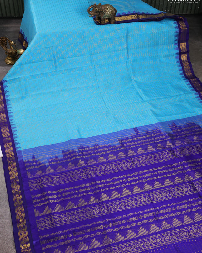 Kuppadam silk cotton saree cs blue and blue with allover zari checks & lakshadeepam weaves and zari woven border