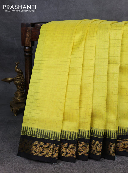 Kuppadam silk cotton saree lime yellow and black with allover zari checks & lakshadeepam weaves and zari woven border